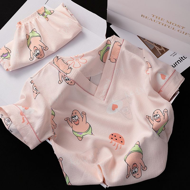 Summer Cotton V Neck Homewear Women Short Sleeve Shorts 2 Pcs Breathab photo 4 (style 15)