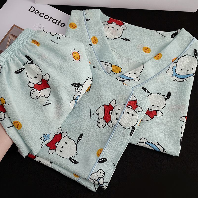 Summer Cotton V Neck Homewear Women Short Sleeve Shorts 2 Pcs Breathab photo 7 (style 15)