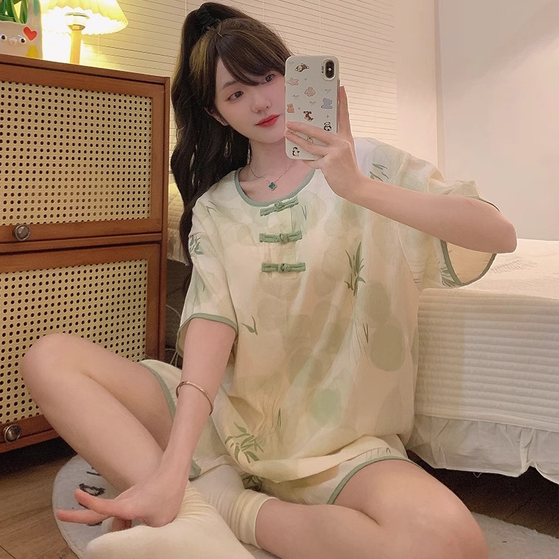 Summer Cotton Homewear Women Short Sleeve Shorts 2 Pcs Breathable Comf photo 3 (style 23)