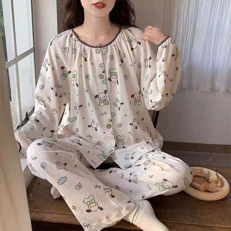 Summer Cotton Long Sleeve Cardigan Homewear Women Short Sleeve Shorts 2 Pcs Wholesale
