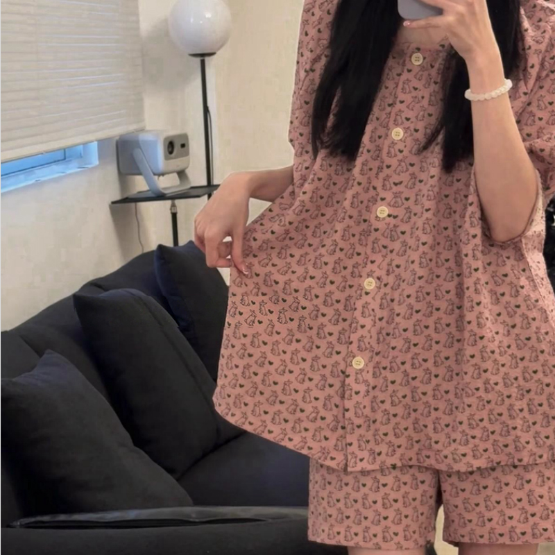 Summer Cotton Cardigan Homewear Women Short Sleeve Shorts 2 Pcs Breathable Wholesale