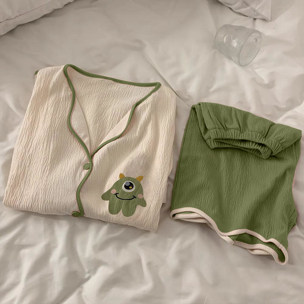 Summer Cotton Cardigan Homewear Women Short Sleeve Shorts 2 Pcs Breath photo 7 (style 14)