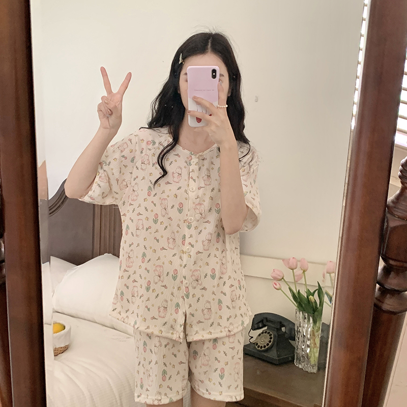Summer Cotton Cardigan Homewear Women Short Sleeve Shorts 2 Pcs Breath photo 1 (style 14)