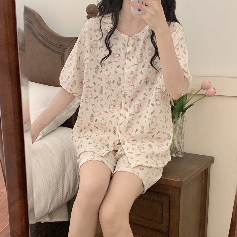 Summer Cotton Cardigan Homewear Women Short Sleeve Shorts 2 Pcs Breath photo 2 (style 14)