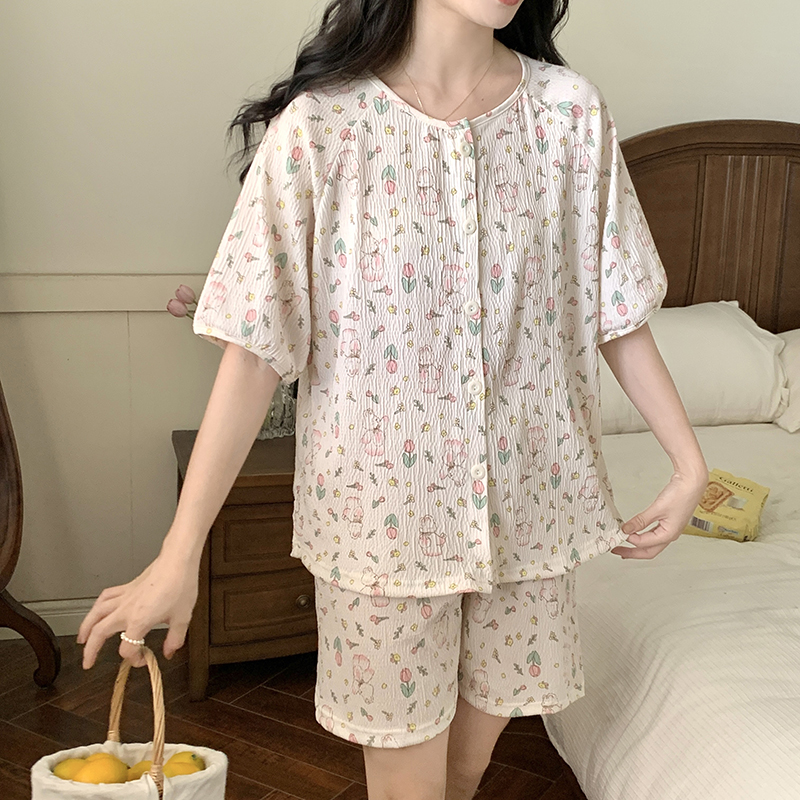 Summer Cotton Cardigan Homewear Women Short Sleeve Shorts 2 Pcs Breath photo 4 (style 14)