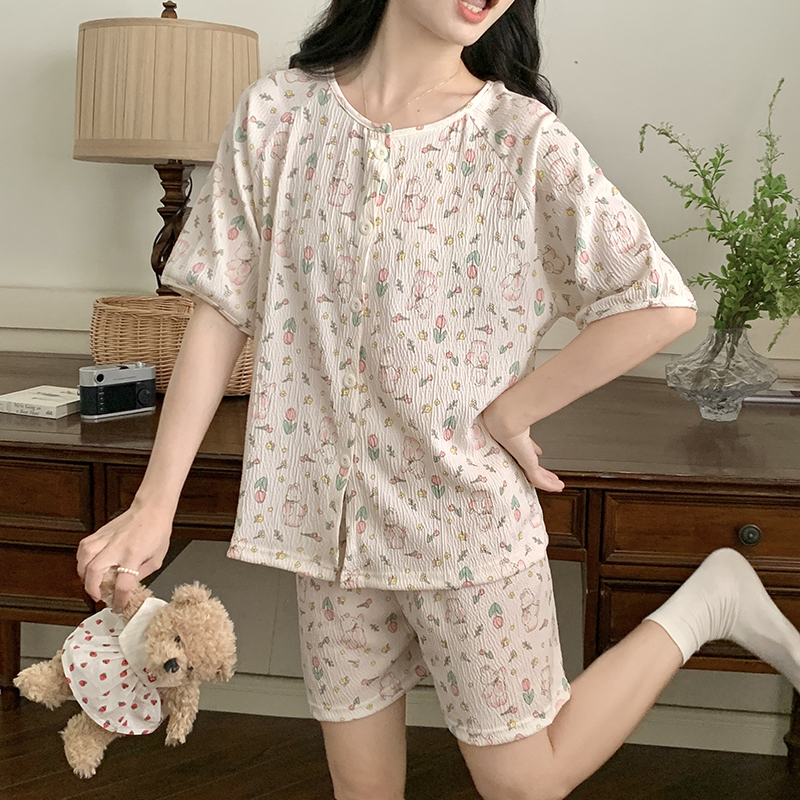 Summer Cotton Cardigan Homewear Women Short Sleeve Shorts 2 Pcs Breath photo 6 (style 14)
