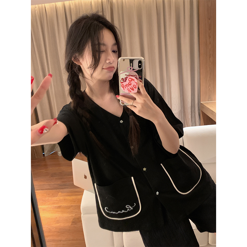 Summer Cotton Cardigan Homewear Women Short Sleeve Shorts 2 Pcs Breath photo 2 (style 24)