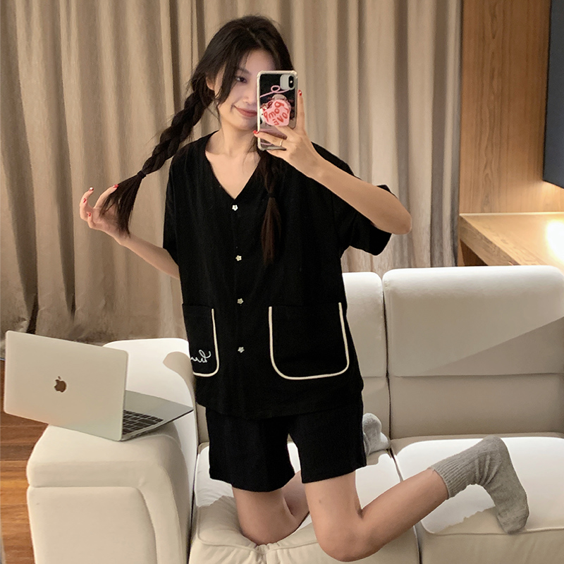 Summer Cotton Cardigan Homewear Women Short Sleeve Shorts 2 Pcs Breath photo 3 (style 24)