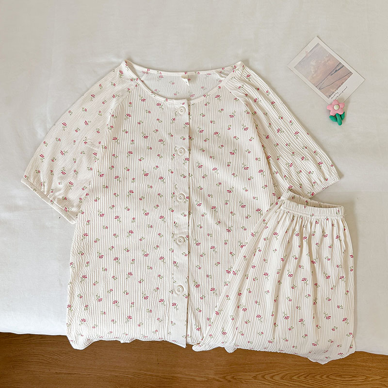 Summer Cotton Homewear Women Short Sleeve Shorts 2 Pcs Breathable Comf photo 2 (style local-皱布双短)