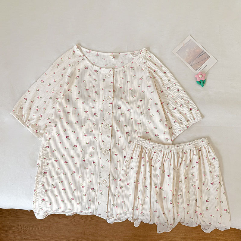 Summer Cotton Collar Homewear Women Short Sleeve Shorts 2 Pcs Breathab photo 1 (style local-翻领双短)