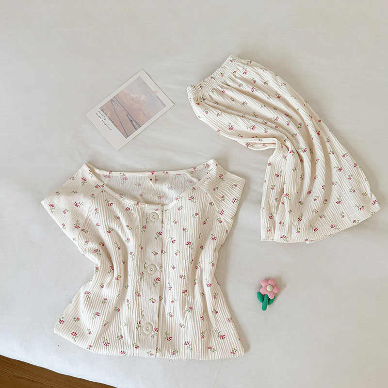 Summer Cotton Collar Homewear Women Short Sleeve Shorts 2 Pcs Breathab photo 3 (style local-翻领双短)