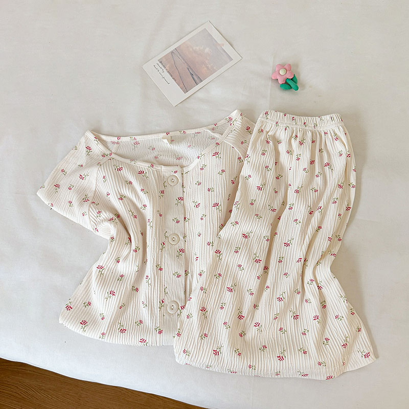 Summer Cotton Collar Homewear Women Short Sleeve Shorts 2 Pcs Breathab photo 4 (style local-翻领双短)