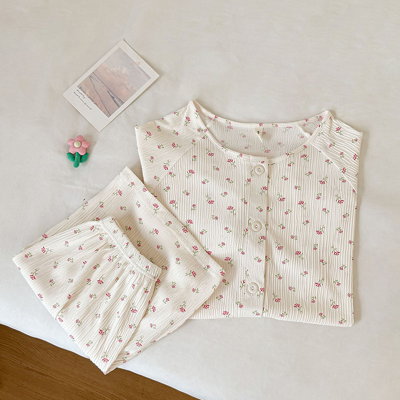 Summer Cotton Collar Homewear Women Short Sleeve Shorts 2 Pcs Breathab photo 6 (style local-翻领双短)