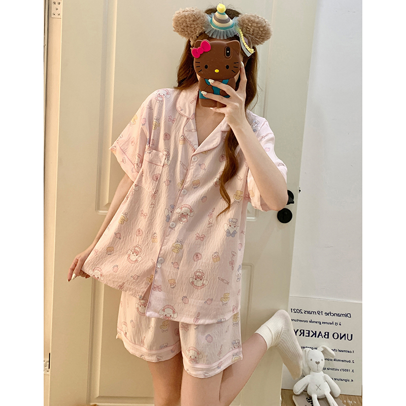 Summer Cotton Collar Homewear Women Short Sleeve Shorts 2 Pcs Breathab photo 2 (style 15)