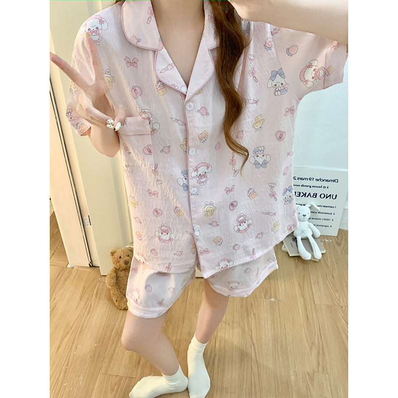 Summer Cotton Collar Homewear Women Short Sleeve Shorts 2 Pcs Breathab photo 3 (style 15)