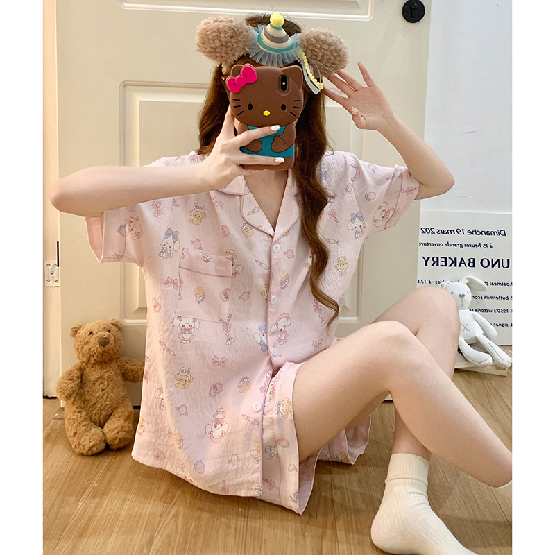 Summer Cotton Collar Homewear Women Short Sleeve Shorts 2 Pcs Breathab photo 5 (style 15)