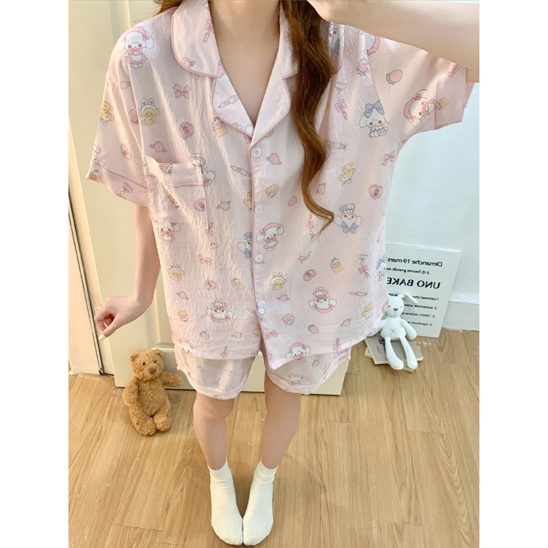 Summer Cotton Collar Homewear Women Short Sleeve Shorts 2 Pcs Breathab photo 7 (style 15)