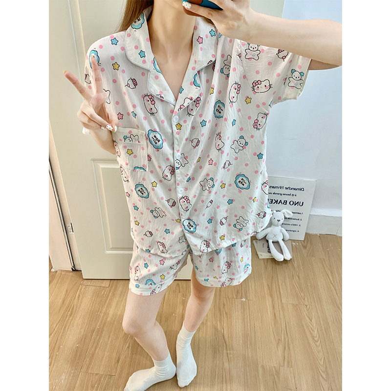 Summer Cotton Collar Homewear Women Short Sleeve Shorts 2 Pcs Breathab photo 1 (style 151)