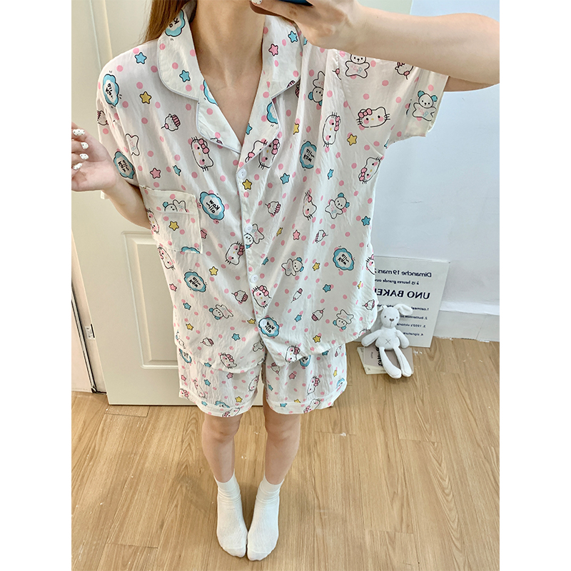 Summer Cotton Collar Homewear Women Short Sleeve Shorts 2 Pcs Breathab photo 2 (style 151)