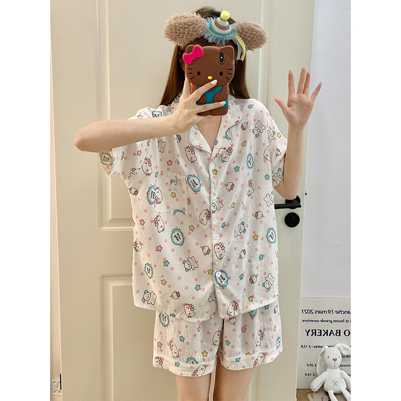 Summer Cotton Collar Homewear Women Short Sleeve Shorts 2 Pcs Breathab photo 3 (style 151)