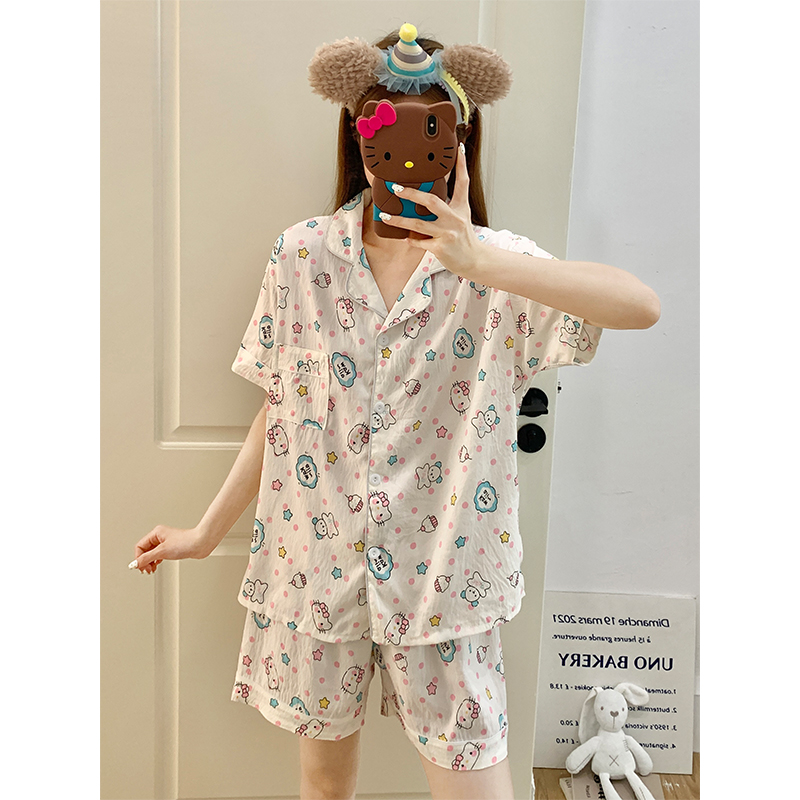 Summer Cotton Collar Homewear Women Short Sleeve Shorts 2 Pcs Breathab photo 4 (style 151)