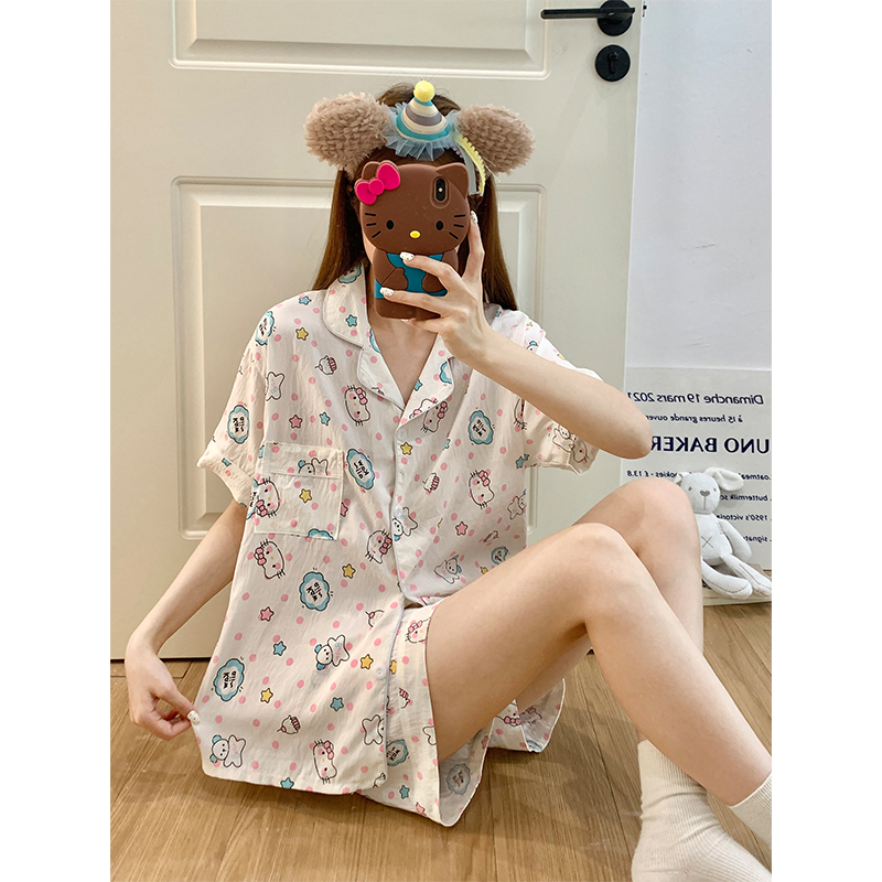 Summer Cotton Collar Homewear Women Short Sleeve Shorts 2 Pcs Breathab photo 5 (style 151)