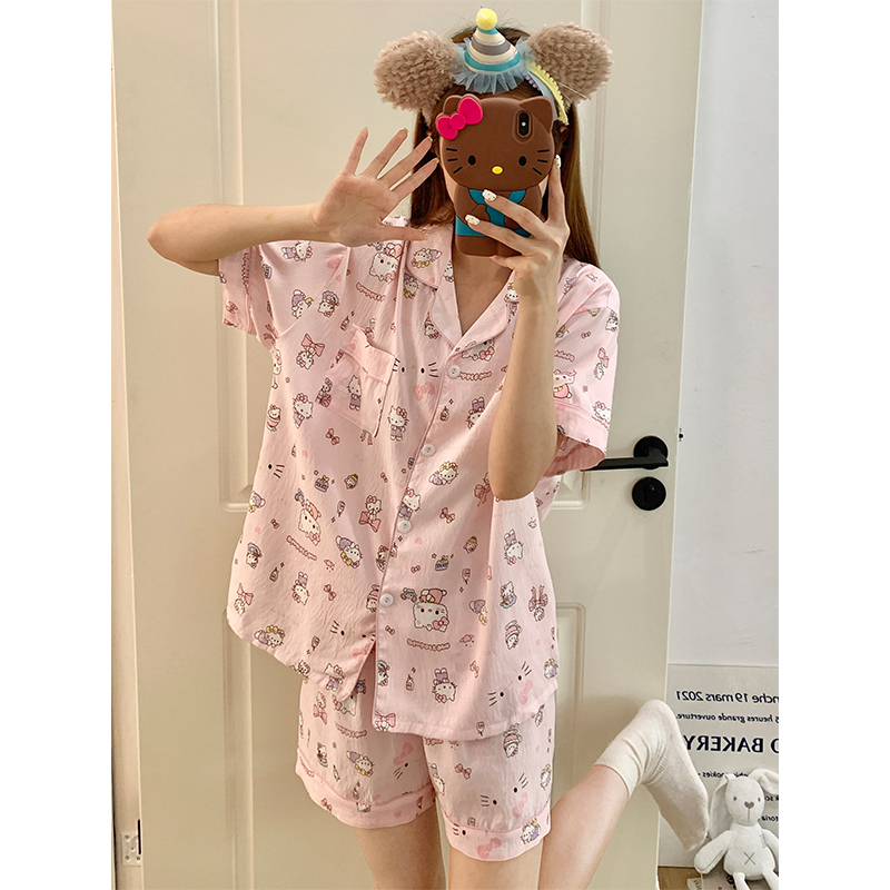 Summer Cotton Collar Homewear Women Short Sleeve Shorts 2 Pcs Breathab photo 6 (style 151)