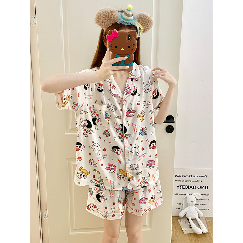 Summer Cotton Collar Homewear Women Short Sleeve Shorts 2 Pcs Breathab photo 1 (style 152)