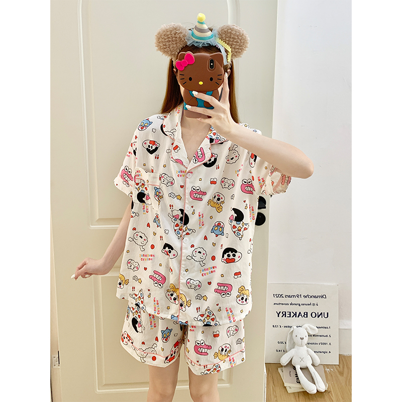 Summer Cotton Collar Homewear Women Short Sleeve Shorts 2 Pcs Breathab photo 2 (style 152)
