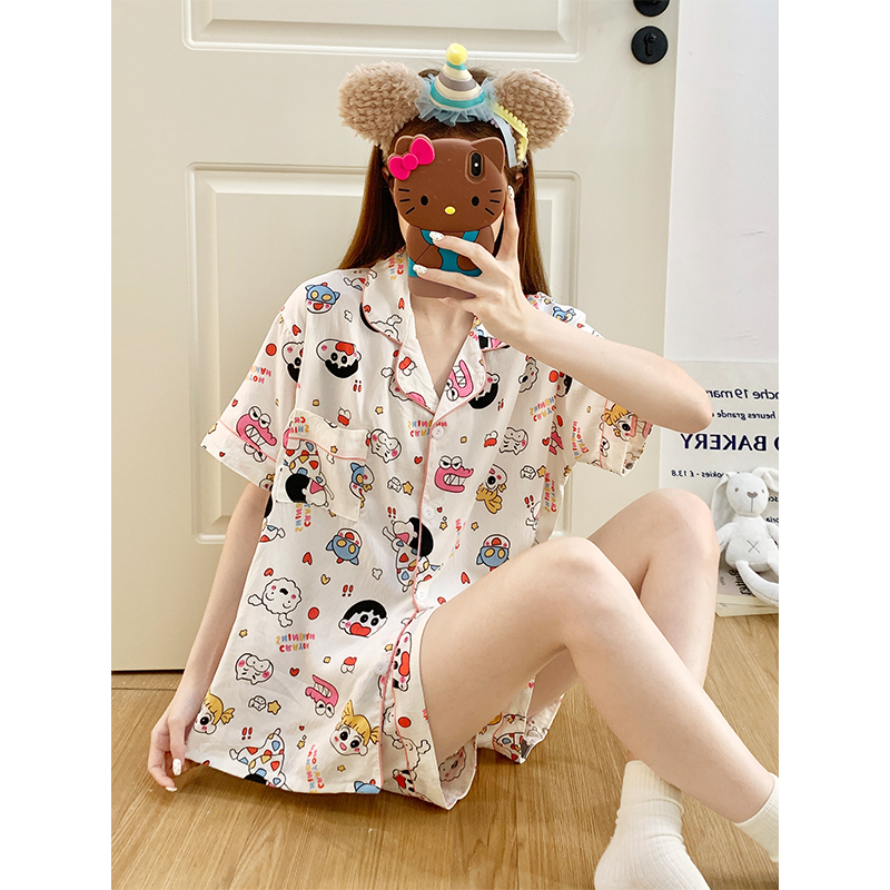 Summer Cotton Collar Homewear Women Short Sleeve Shorts 2 Pcs Breathab photo 3 (style 152)