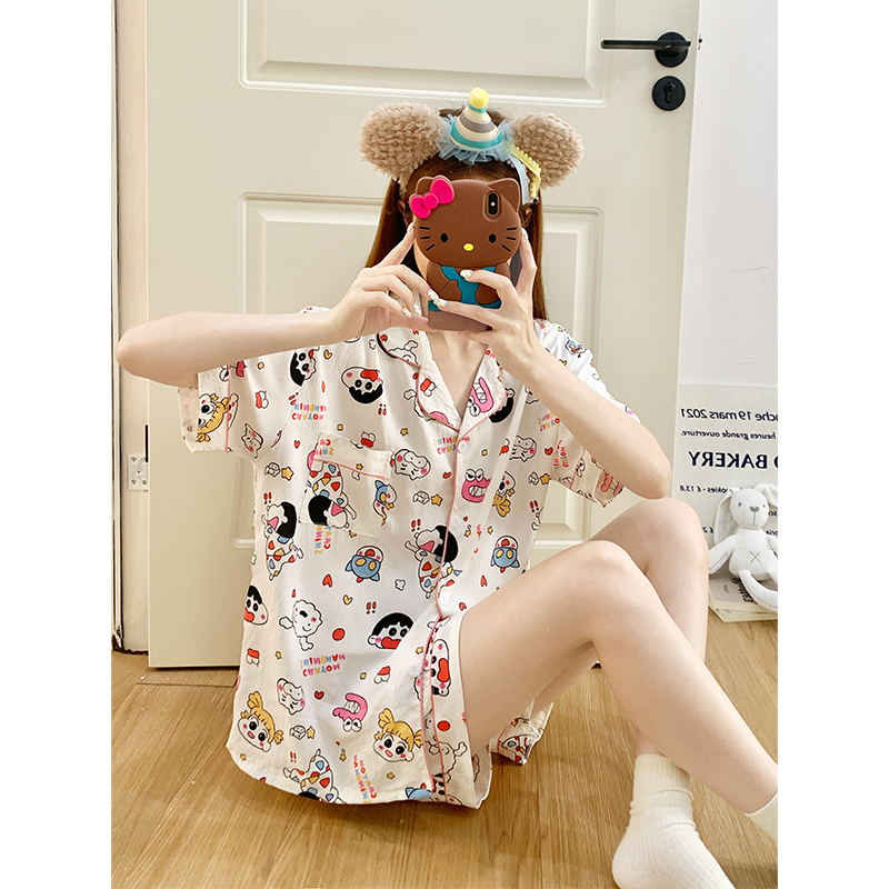 Summer Cotton Collar Homewear Women Short Sleeve Shorts 2 Pcs Breathab photo 4 (style 152)