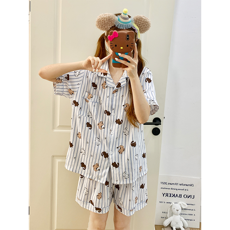 Summer Cotton Collar Homewear Women Short Sleeve Shorts 2 Pcs Breathab photo 6 (style 152)