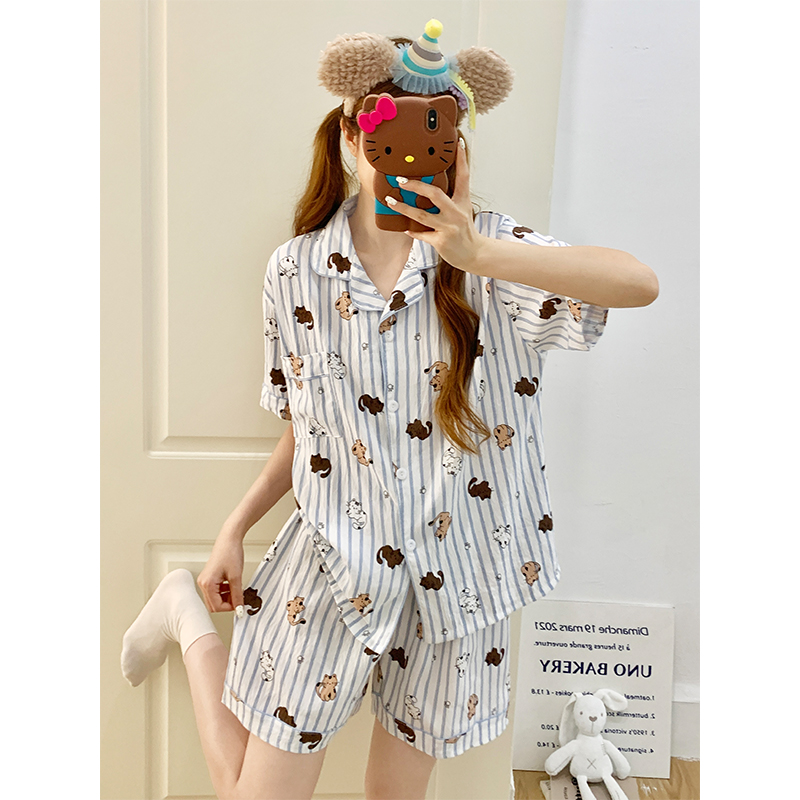 Summer Cotton Collar Homewear Women Short Sleeve Shorts 2 Pcs Breathab photo 7 (style 152)