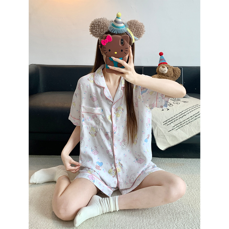 Summer Cloud Cotton Collar Homewear Women Short Sleeve Shorts 2 Pcs Br photo 1 (style 15)