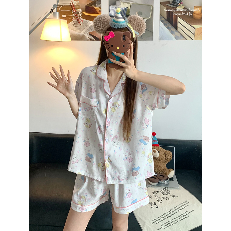 Summer Cloud Cotton Collar Homewear Women Short Sleeve Shorts 2 Pcs Br photo 3 (style 15)