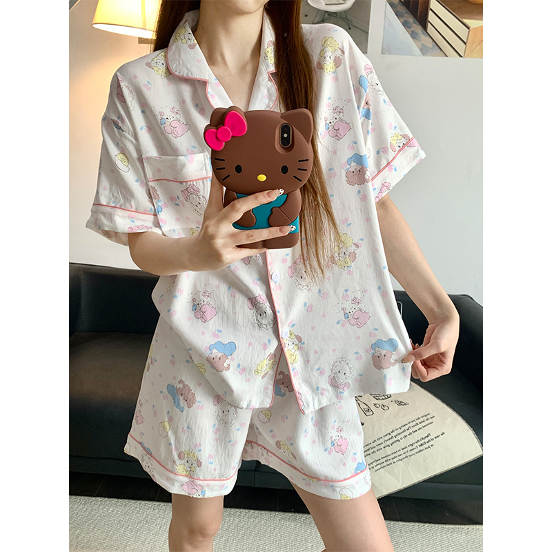 Summer Cloud Cotton Collar Homewear Women Short Sleeve Shorts 2 Pcs Br photo 4 (style 15)