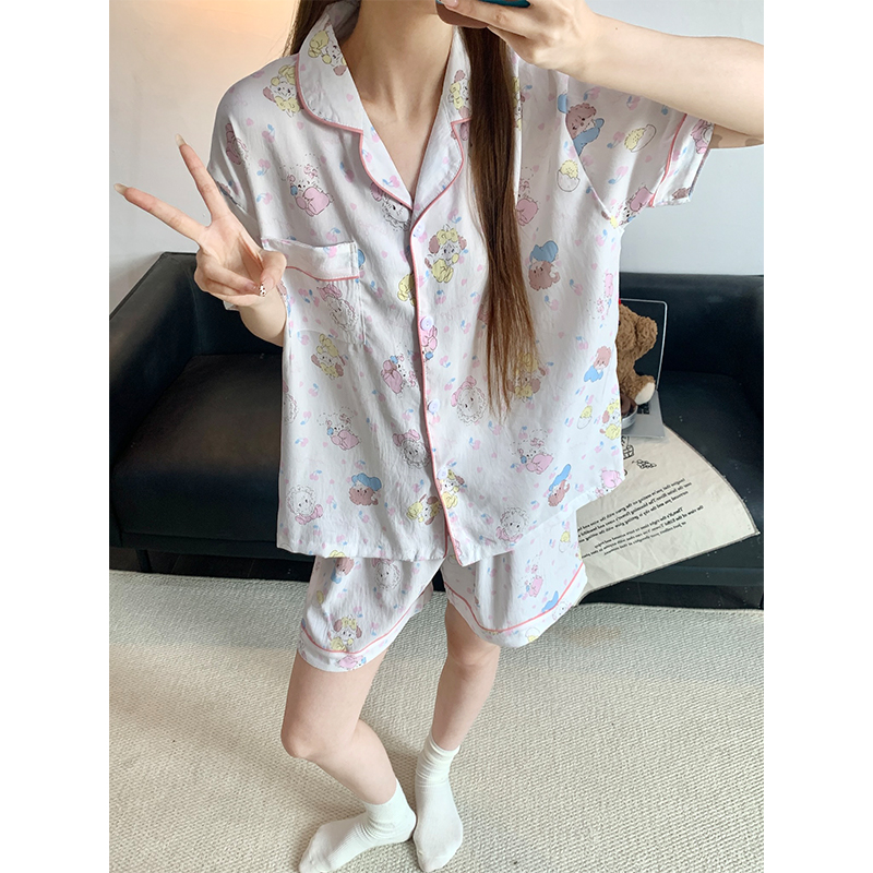 Summer Cloud Cotton Collar Homewear Women Short Sleeve Shorts 2 Pcs Br photo 5 (style 15)