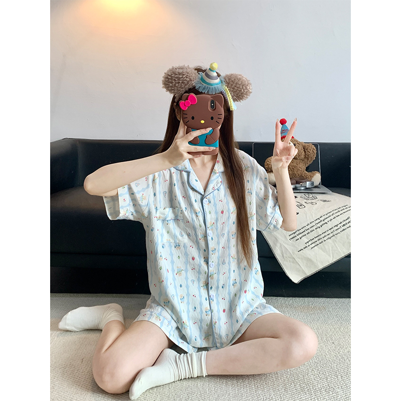 Summer Cloud Cotton Collar Homewear Women Short Sleeve Shorts 2 Pcs Br photo 6 (style 15)