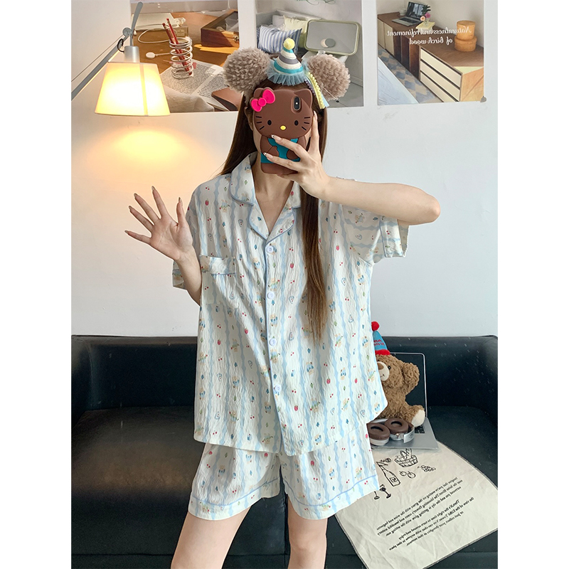 Summer Cloud Cotton Collar Homewear Women Short Sleeve Shorts 2 Pcs Br photo 7 (style 15)