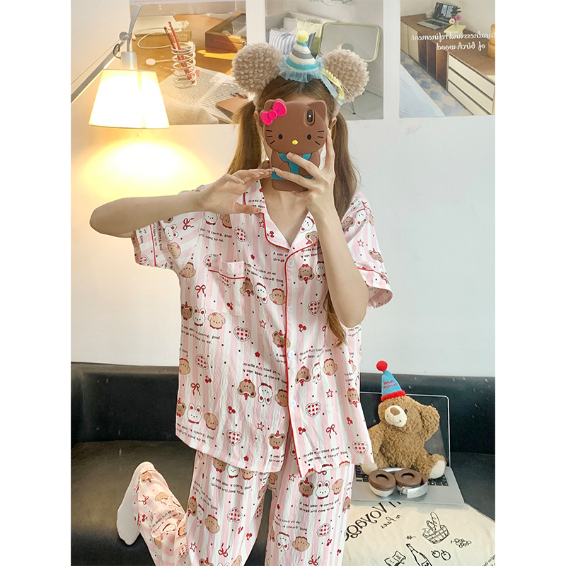 Summer Cotton Collar Homewear Women Short Sleeve Shorts 2 Pcs Breathab photo 2 (style 17)