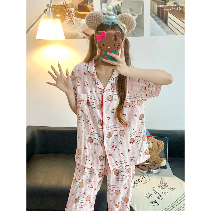 Summer Cotton Collar Homewear Women Short Sleeve Shorts 2 Pcs Breathab photo 3 (style 17)