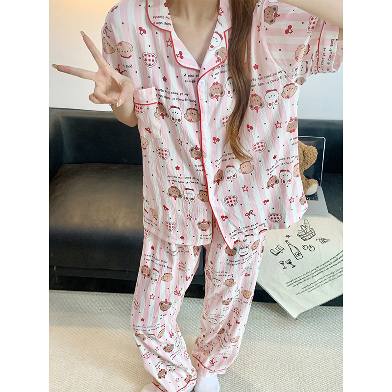Summer Cotton Collar Homewear Women Short Sleeve Shorts 2 Pcs Breathab photo 4 (style 17)