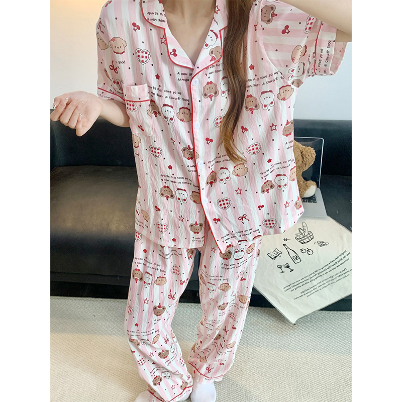 Summer Cotton Collar Homewear Women Short Sleeve Shorts 2 Pcs Breathab photo 5 (style 17)