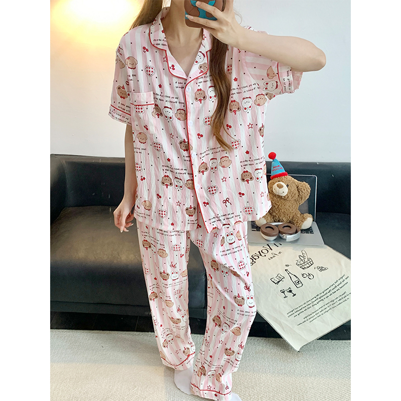 Summer Cotton Collar Homewear Women Short Sleeve Shorts 2 Pcs Breathab photo 6 (style 17)