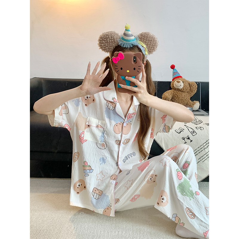 Summer Cotton Collar Homewear Women Short Sleeve Shorts 2 Pcs Breathab photo 7 (style 17)
