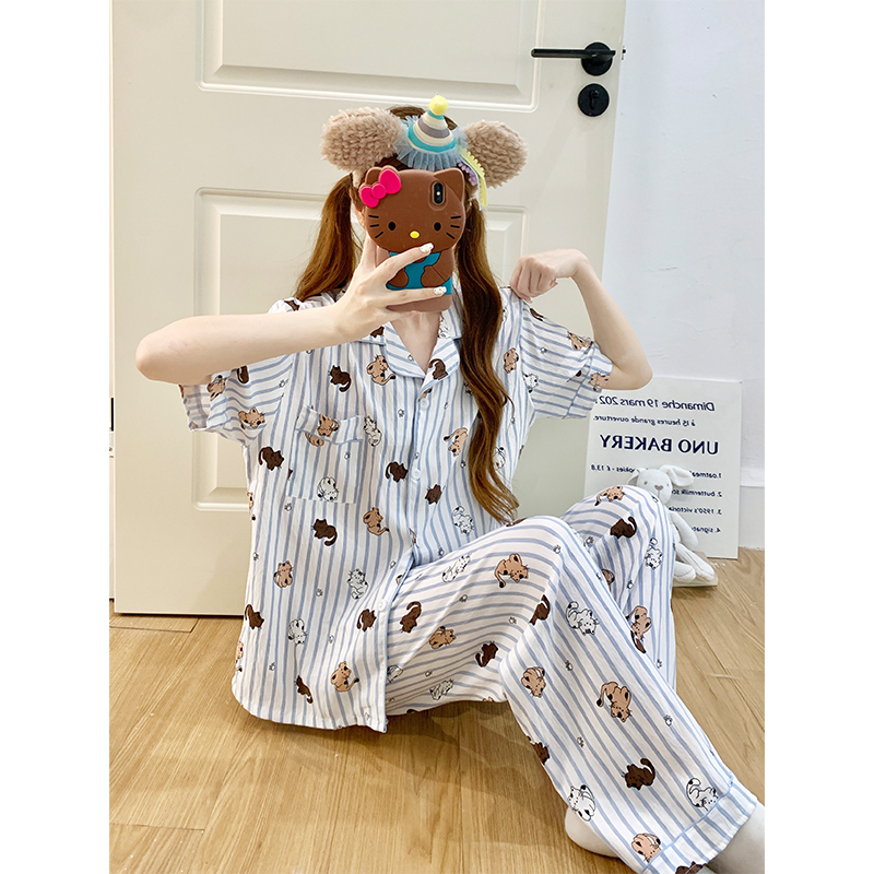 Summer Cotton Collar Homewear Women Short Sleeve Shorts 2 Pcs Breathab photo 6 (style 172)