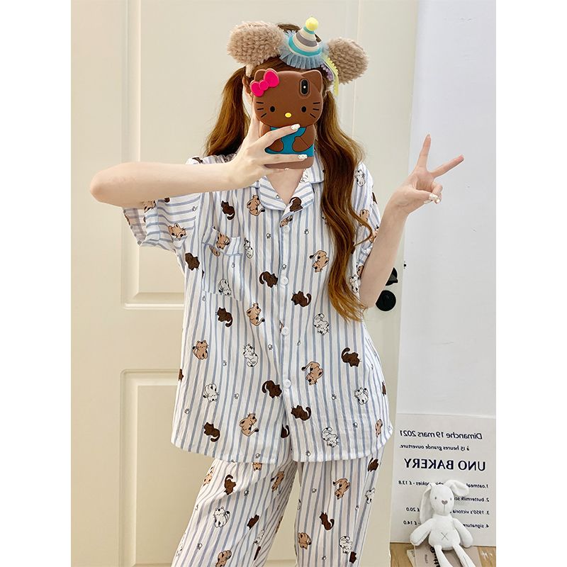 Summer Cotton Collar Homewear Women Short Sleeve Shorts 2 Pcs Breathab photo 7 (style 172)