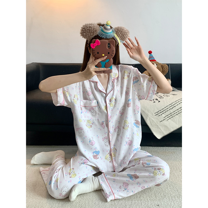 Summer Cloud Cotton Collar Homewear Women Short Sleeve Shorts 2 Pcs Br photo 1 (style 17)