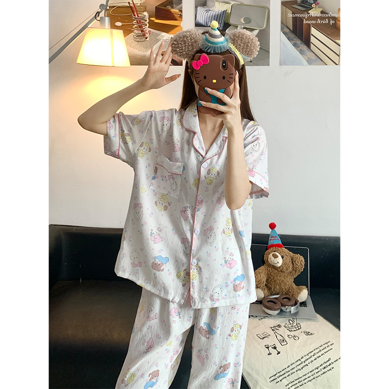 Summer Cloud Cotton Collar Homewear Women Short Sleeve Shorts 2 Pcs Br photo 3 (style 17)