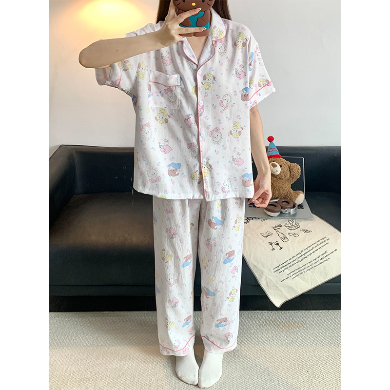 Summer Cloud Cotton Collar Homewear Women Short Sleeve Shorts 2 Pcs Br photo 5 (style 17)